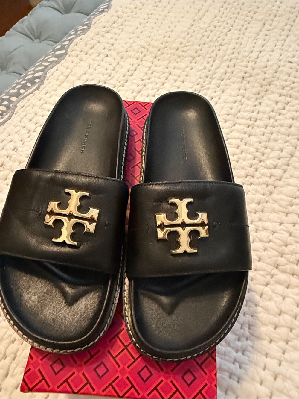 Tory Burch Black Leather Slide Sandals with Gold Logo Emblem